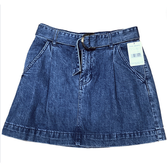 Free People Jade Denim Belted Pleat Front Skirt w/Pockets Indigo Blue SZ 26 NWT - Picture 4 of 11